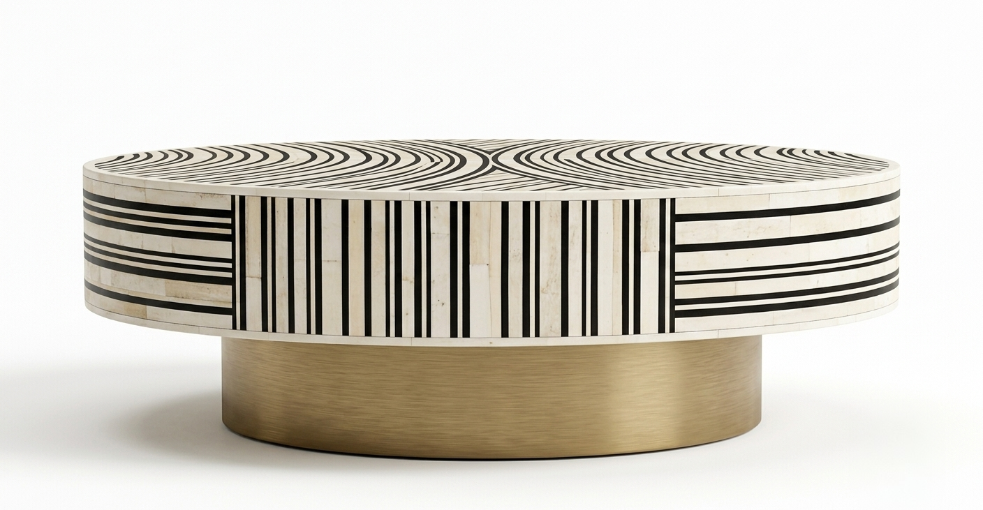 Black & White Bone Inlay Round Coffee Table with Brass Base