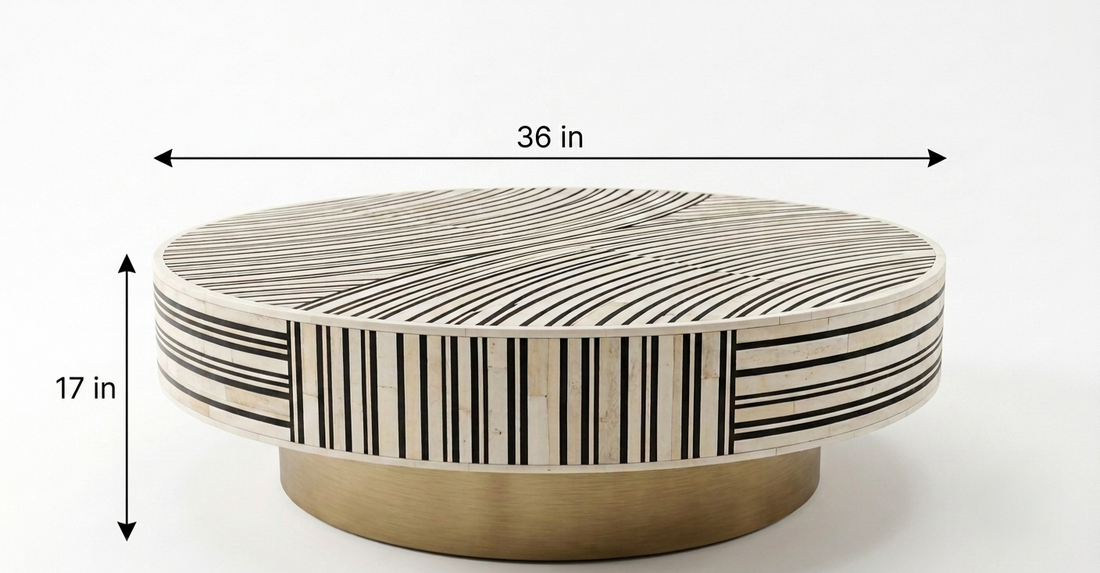 Black & White Bone Inlay Round Coffee Table with Brass Base