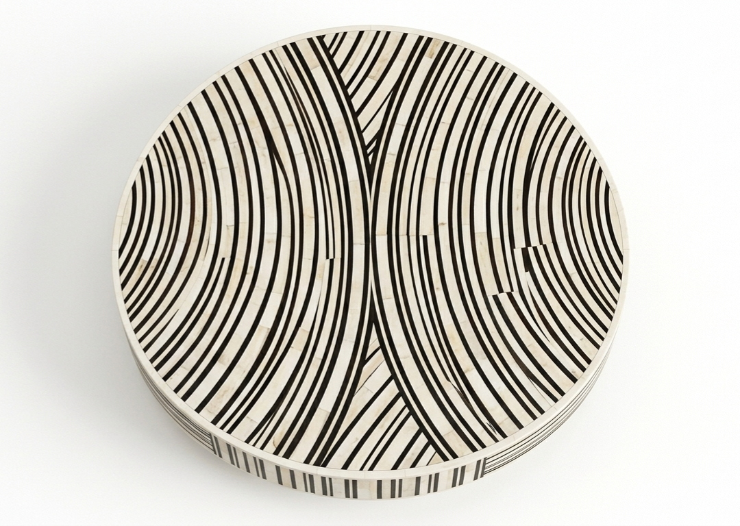 Black & White Bone Inlay Round Coffee Table with Brass Base