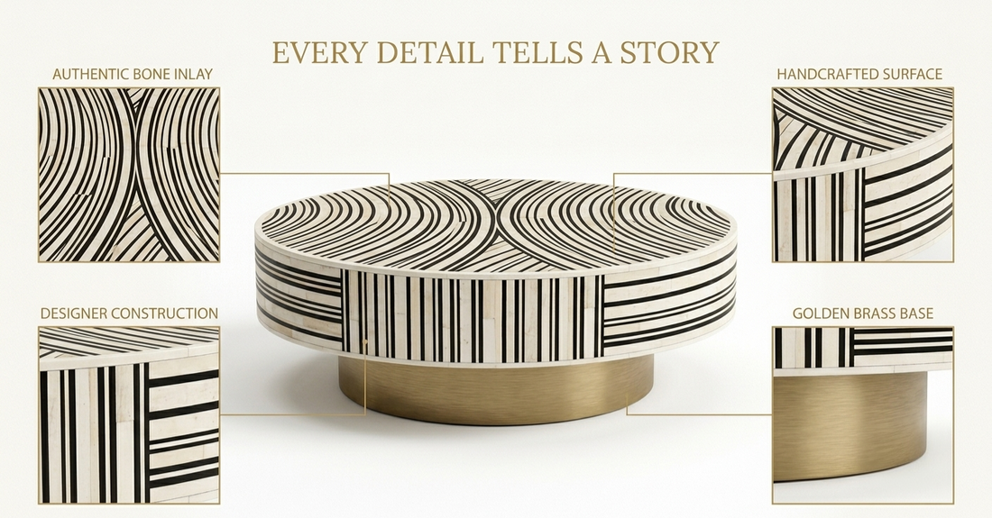 Black & White Bone Inlay Round Coffee Table with Brass Base