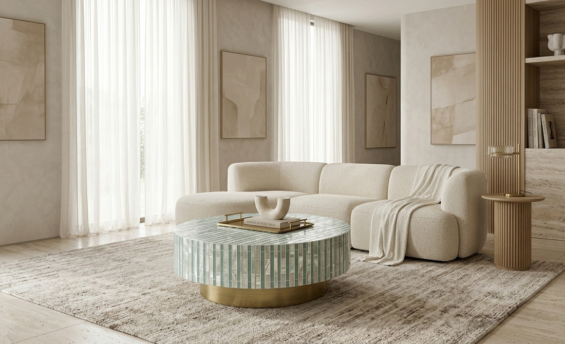Sea Green Mother of Pearl Inlay Round Coffee Table with Brass Base