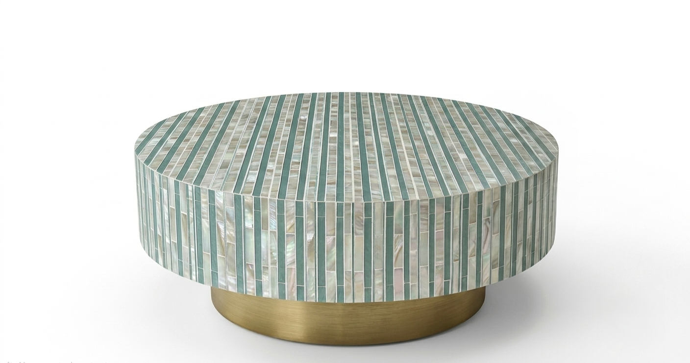 Sea Green Mother of Pearl Inlay Round Coffee Table with Brass Base