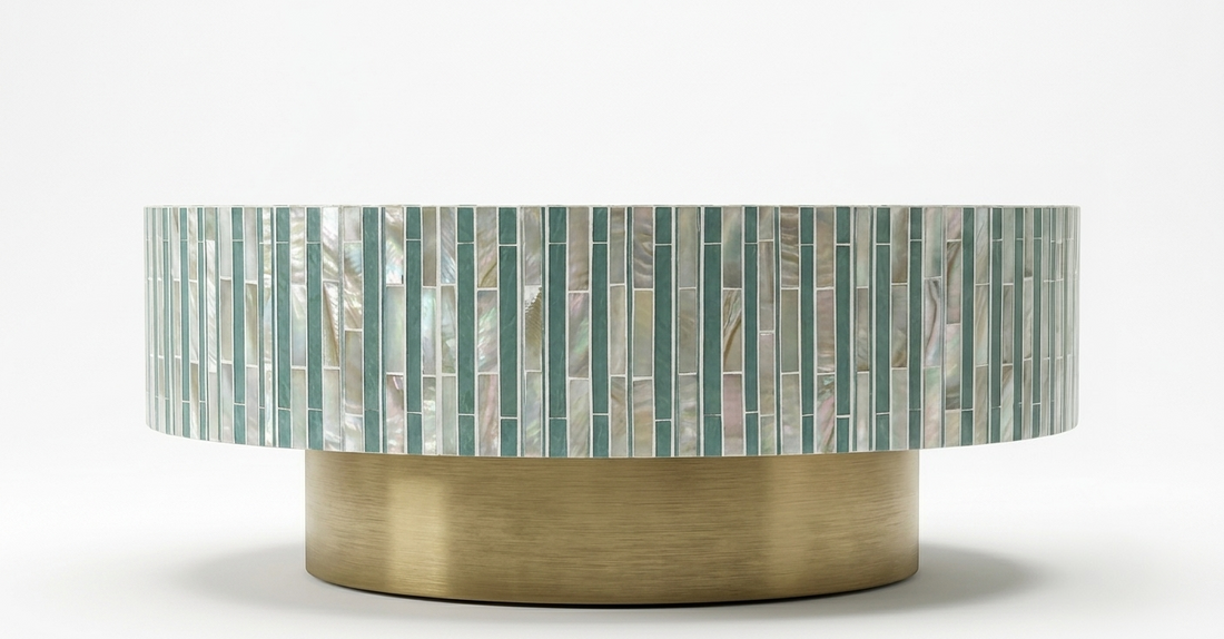Sea Green Mother of Pearl Inlay Round Coffee Table with Brass Base
