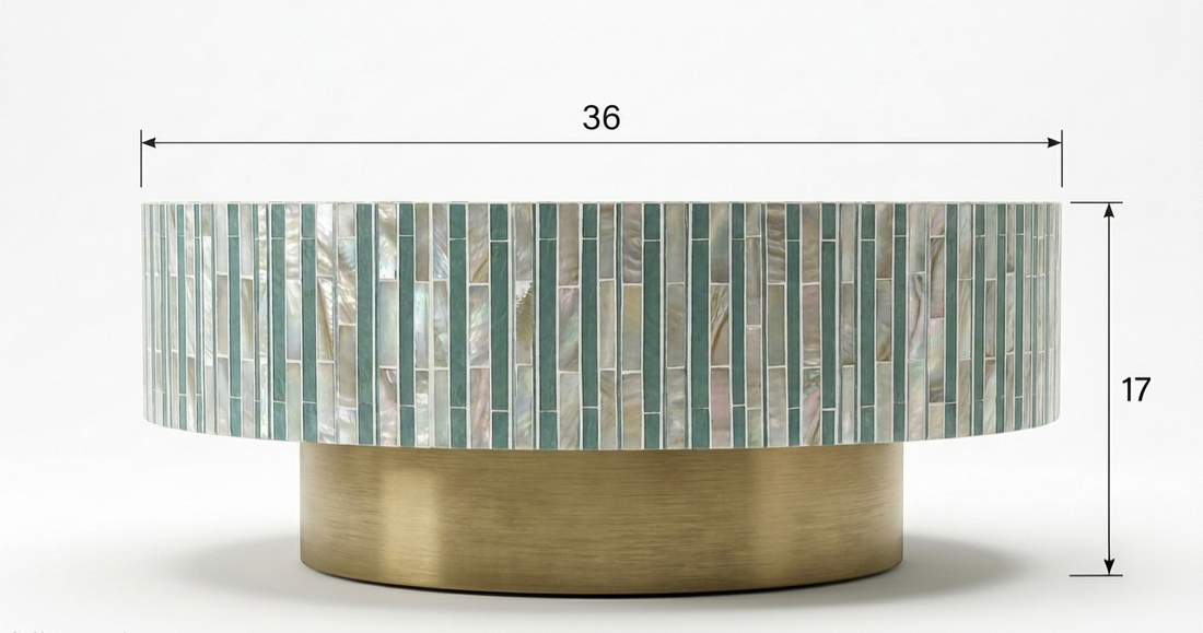 Sea Green Mother of Pearl Inlay Round Coffee Table with Brass Base