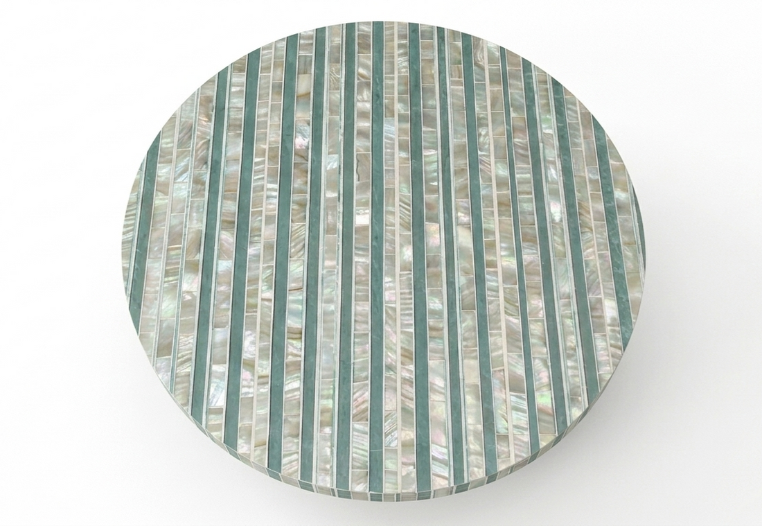 Sea Green Mother of Pearl Inlay Round Coffee Table with Brass Base