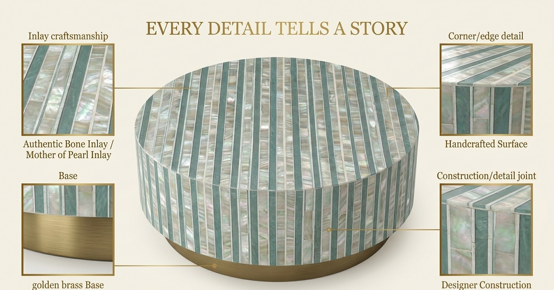 Sea Green Mother of Pearl Inlay Round Coffee Table with Brass Base