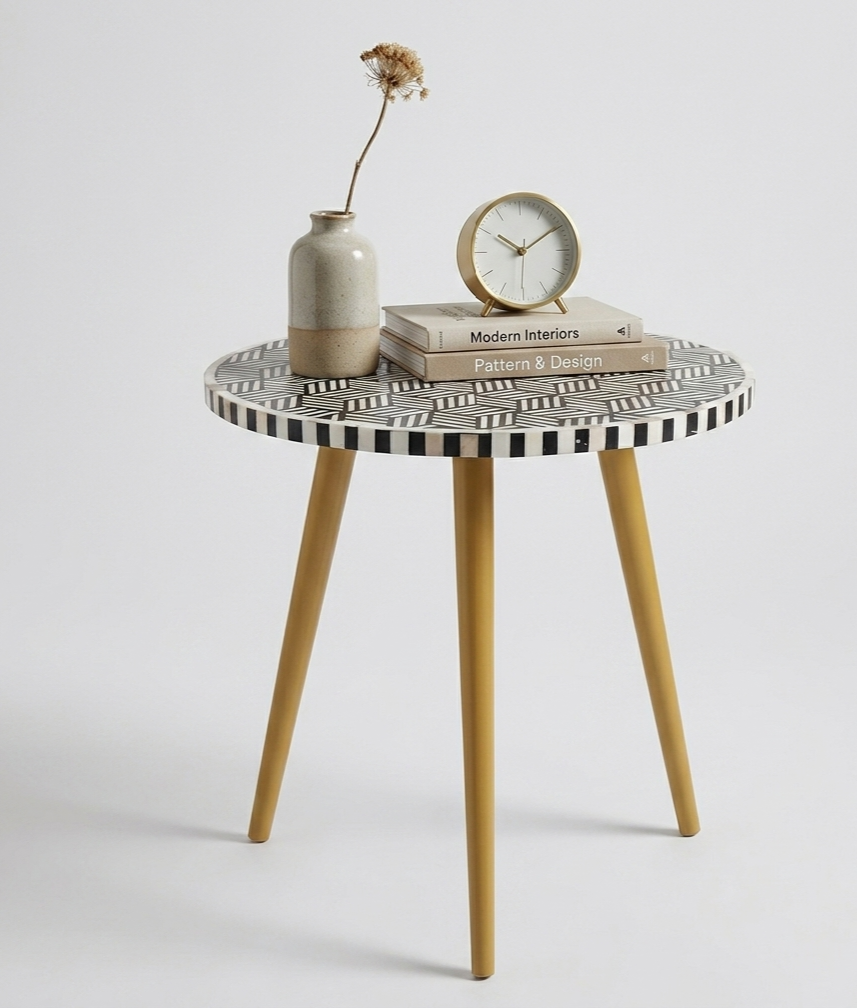 Mother of Pearl Inlay Round Side Table in Black and White with Golden Powder-Coated Legs