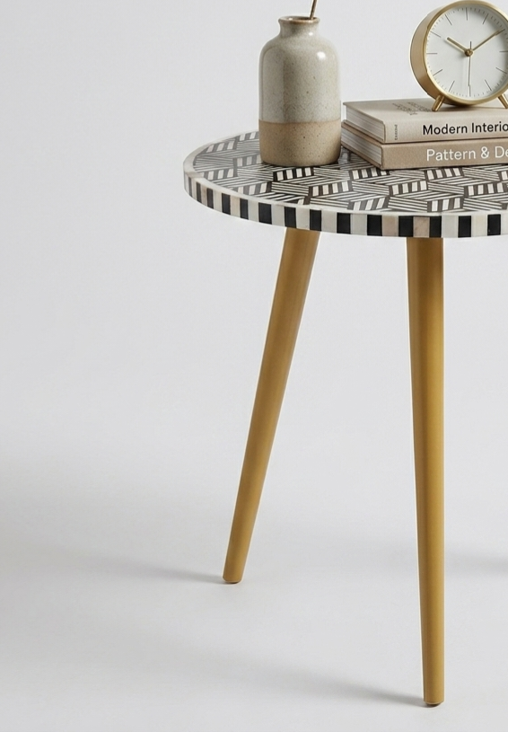 Mother of Pearl Inlay Round Side Table in Black and White with Golden Powder-Coated Legs