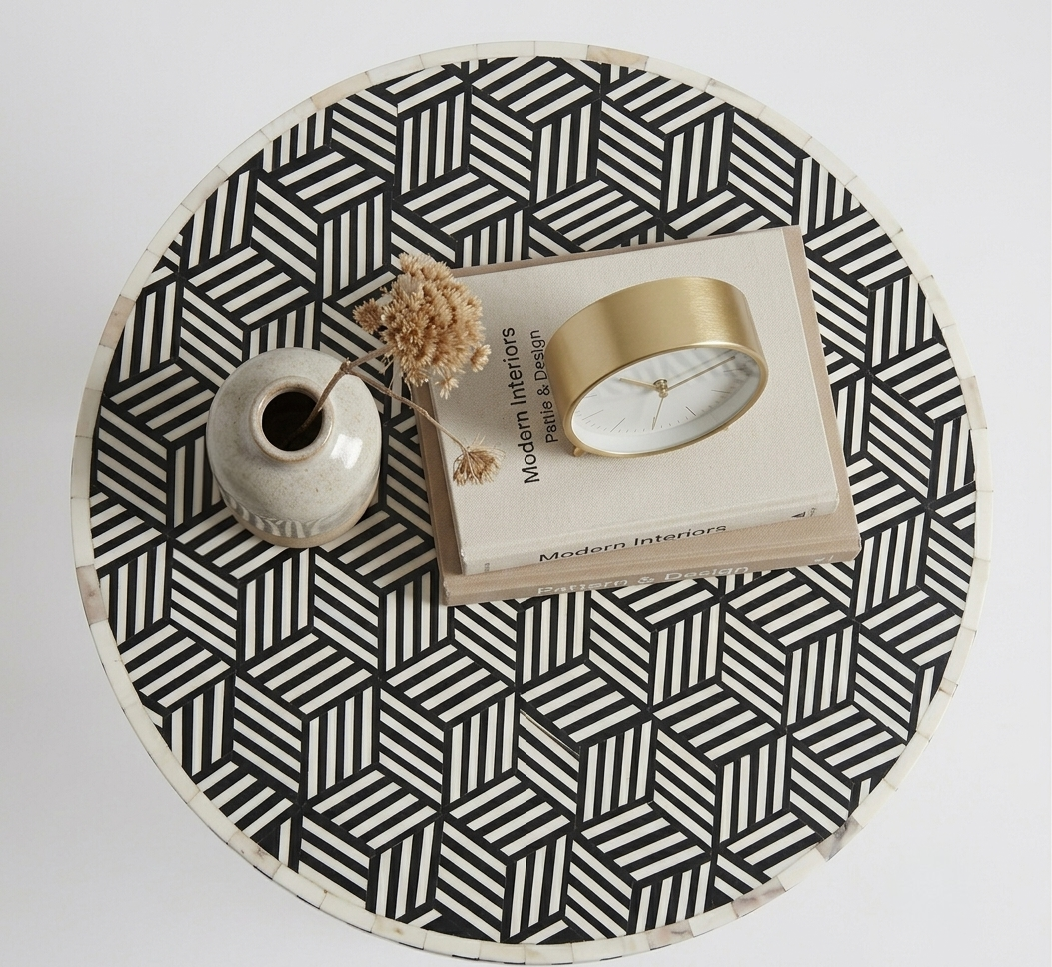 Mother of Pearl Inlay Round Side Table in Black and White with Golden Powder-Coated Legs