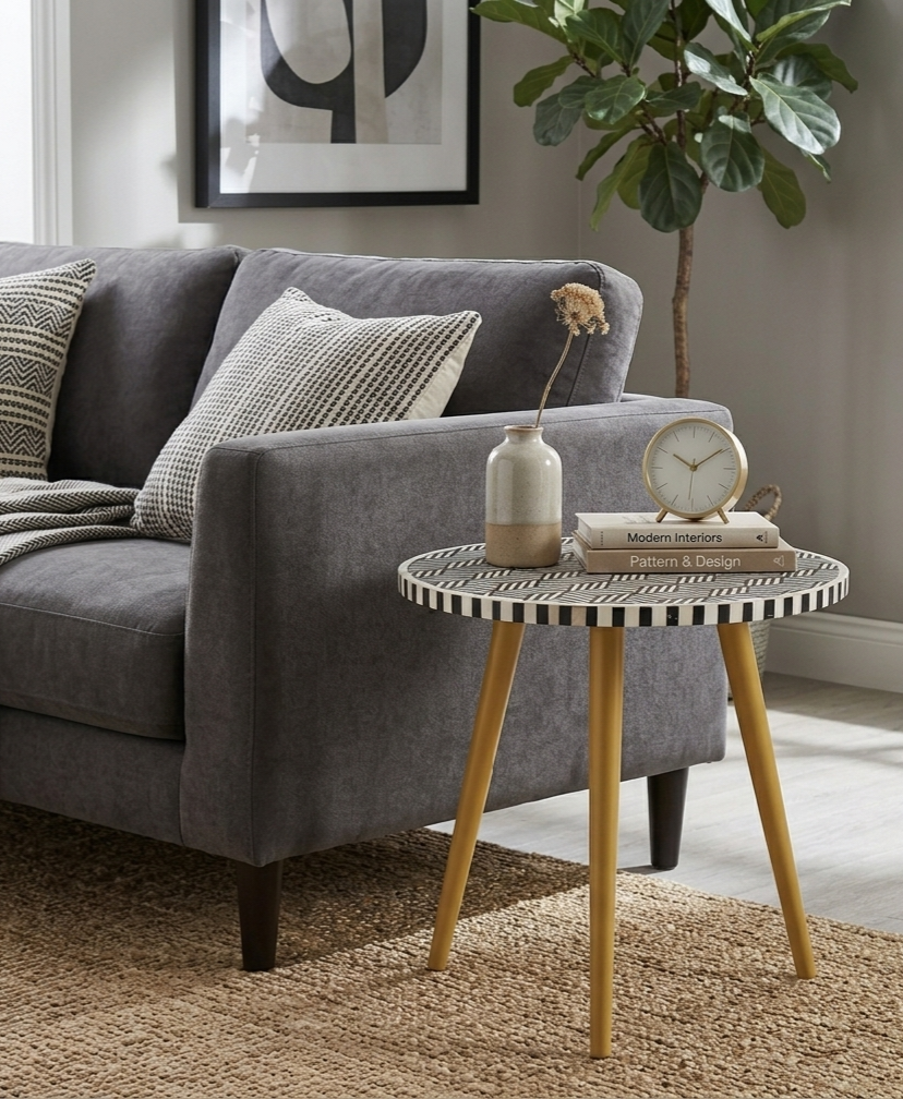 Mother of Pearl Inlay Round Side Table in Black and White with Golden Powder-Coated Legs