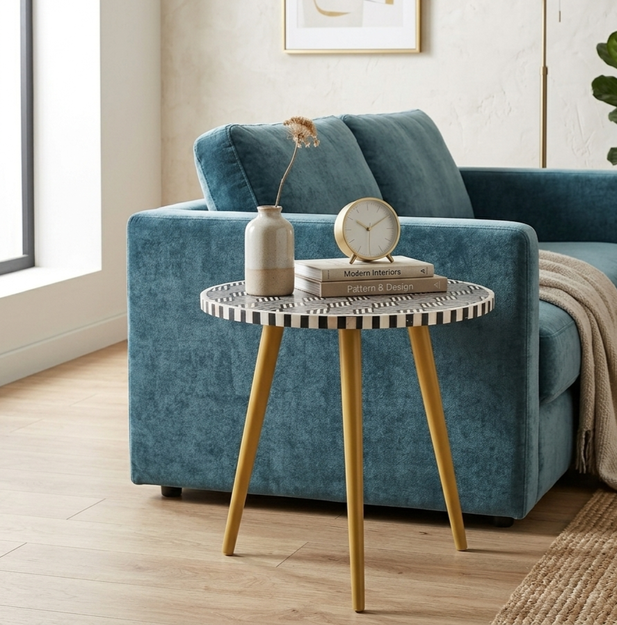 Mother of Pearl Inlay Round Side Table in Black and White with Golden Powder-Coated Legs