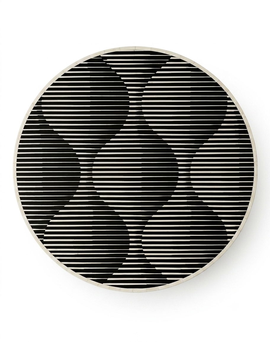 Bone Inlay Round Coffee Table, Black and White Luxury Table with Brass Base