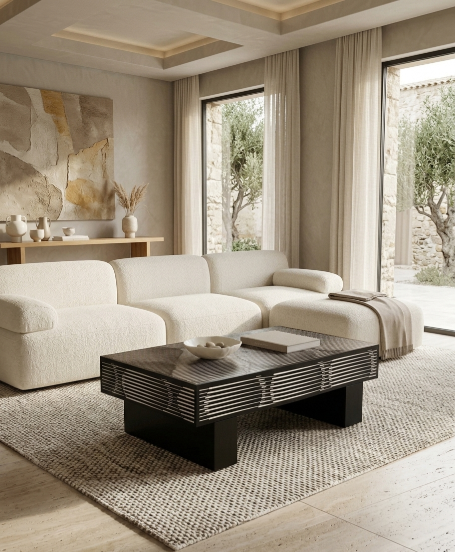 Black Bone Inlay Rectangular Coffee Table with Brass Legs