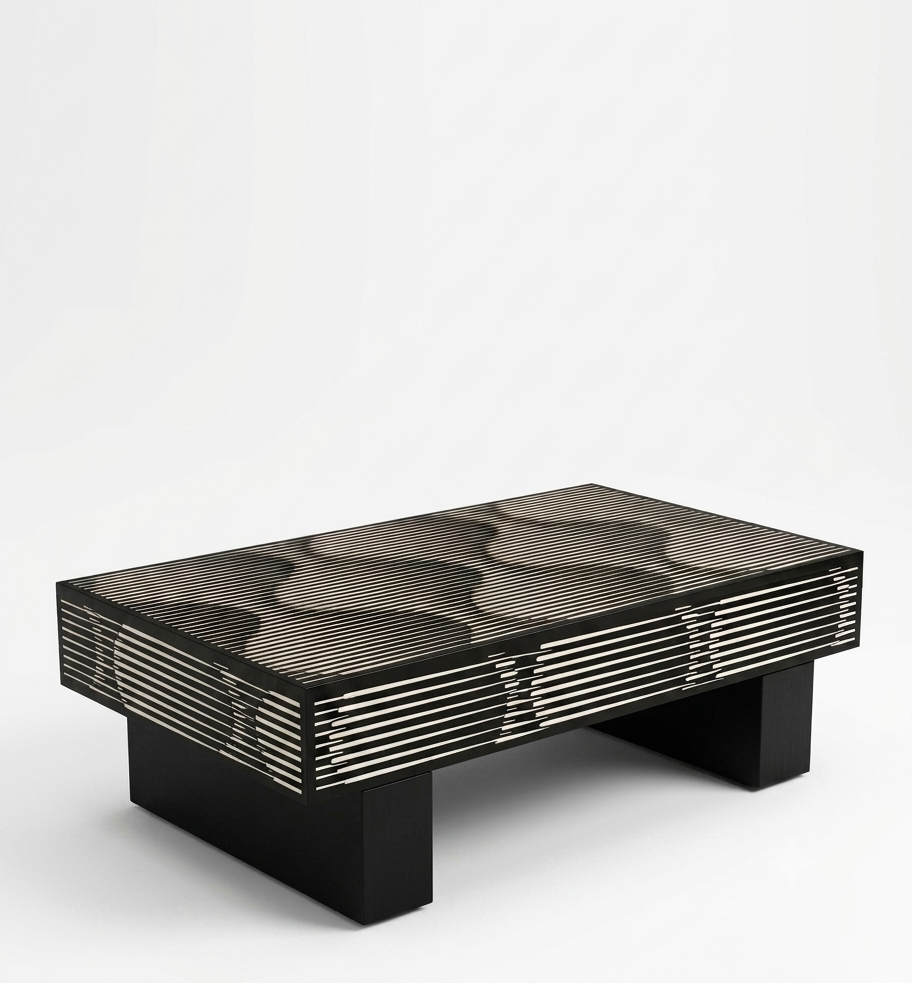 Black Bone Inlay Rectangular Coffee Table with Brass Legs