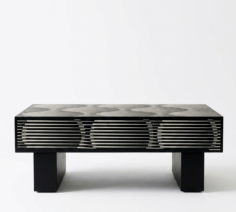 Black Bone Inlay Rectangular Coffee Table with Brass Legs