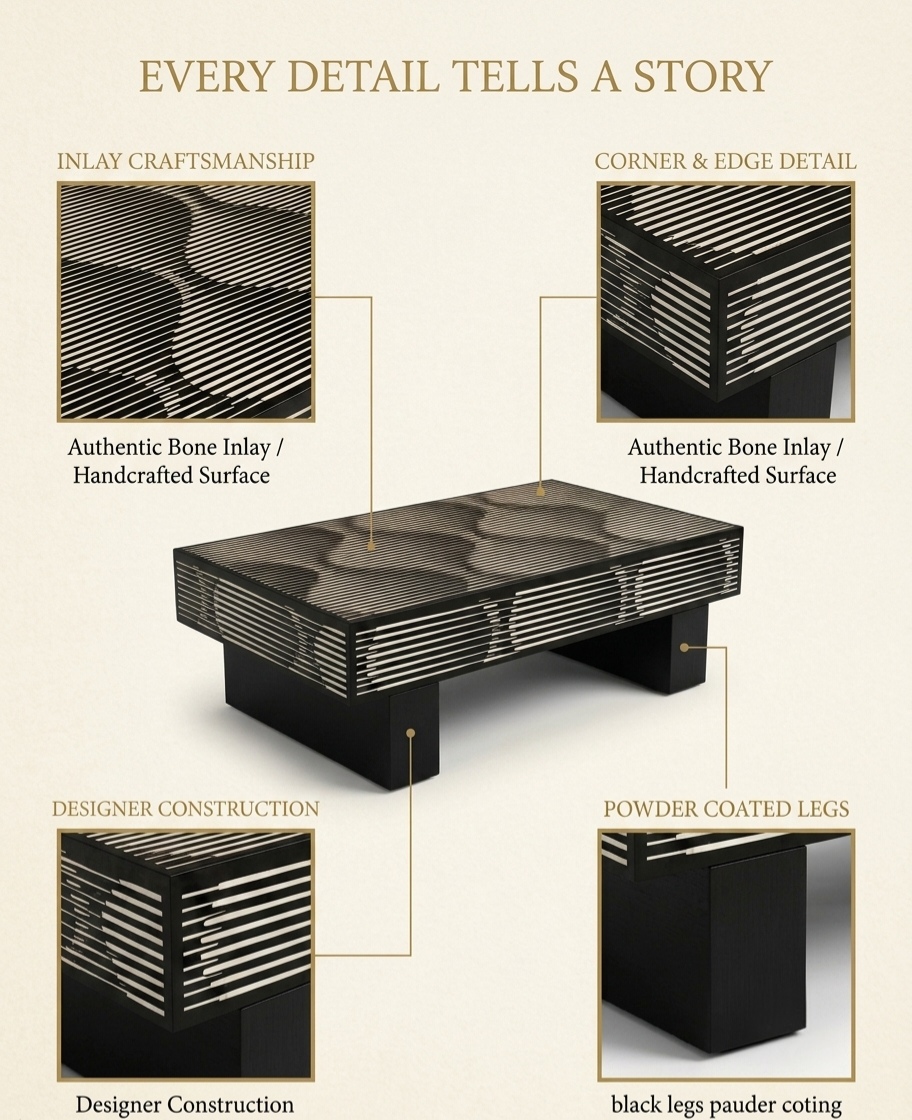 Black Bone Inlay Rectangular Coffee Table with Brass Legs