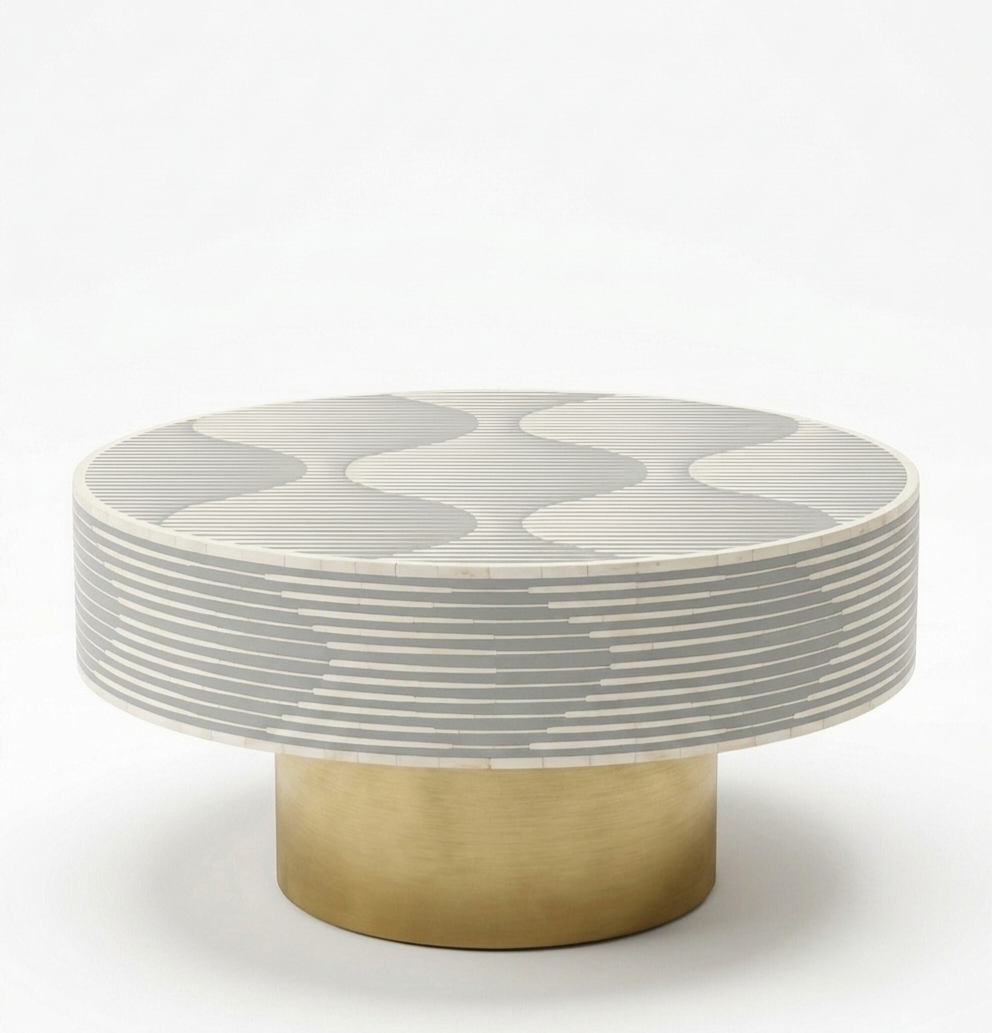 Bone Inlay Round Coffee Table, Black and White Luxury Table with Brass Base