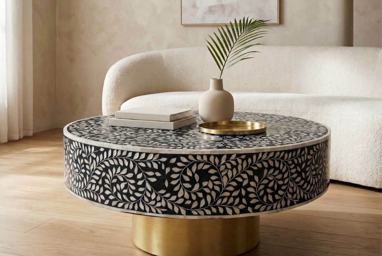 White Mother of Pearl Inlay Round Coffee Table – Floral Design with Brass Base