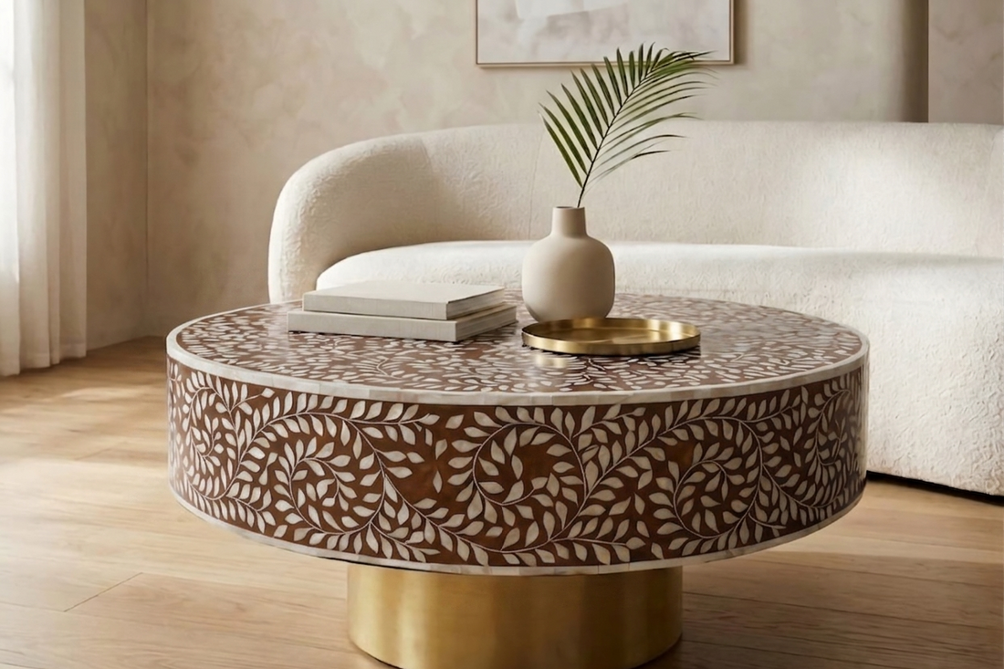 White Mother of Pearl Inlay Round Coffee Table – Floral Design with Brass Base