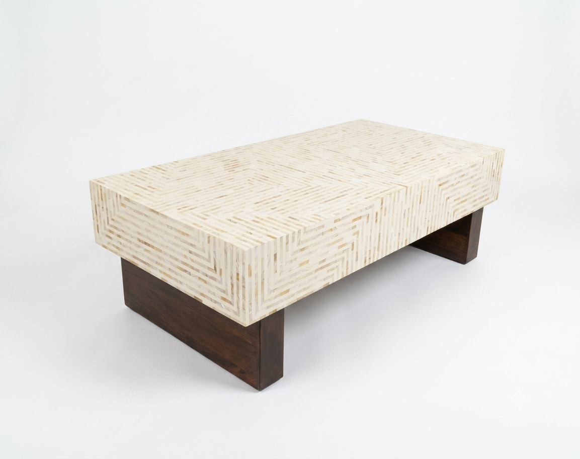 Mother of Pearl Inlay Rectangular Coffee Table, White Luxury Coffee Table with Wooden Legs