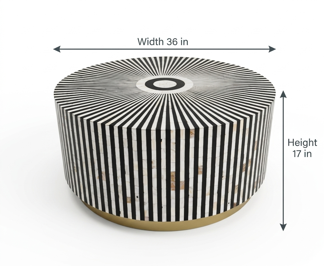Mother of Pearl Inlay Round Coffee Table, Black and White Floral Design with Brass Base