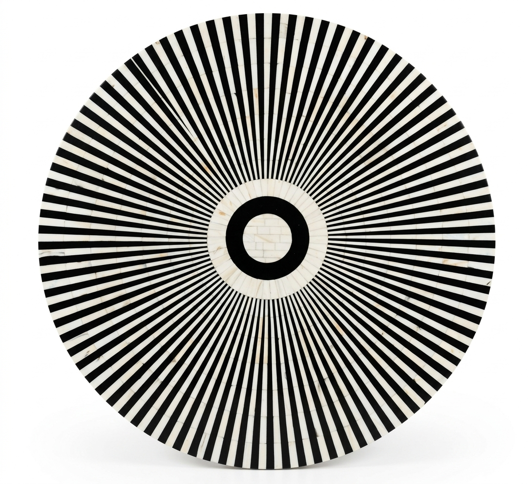 Mother of Pearl Inlay Round Coffee Table, Black and White Floral Design with Brass Base
