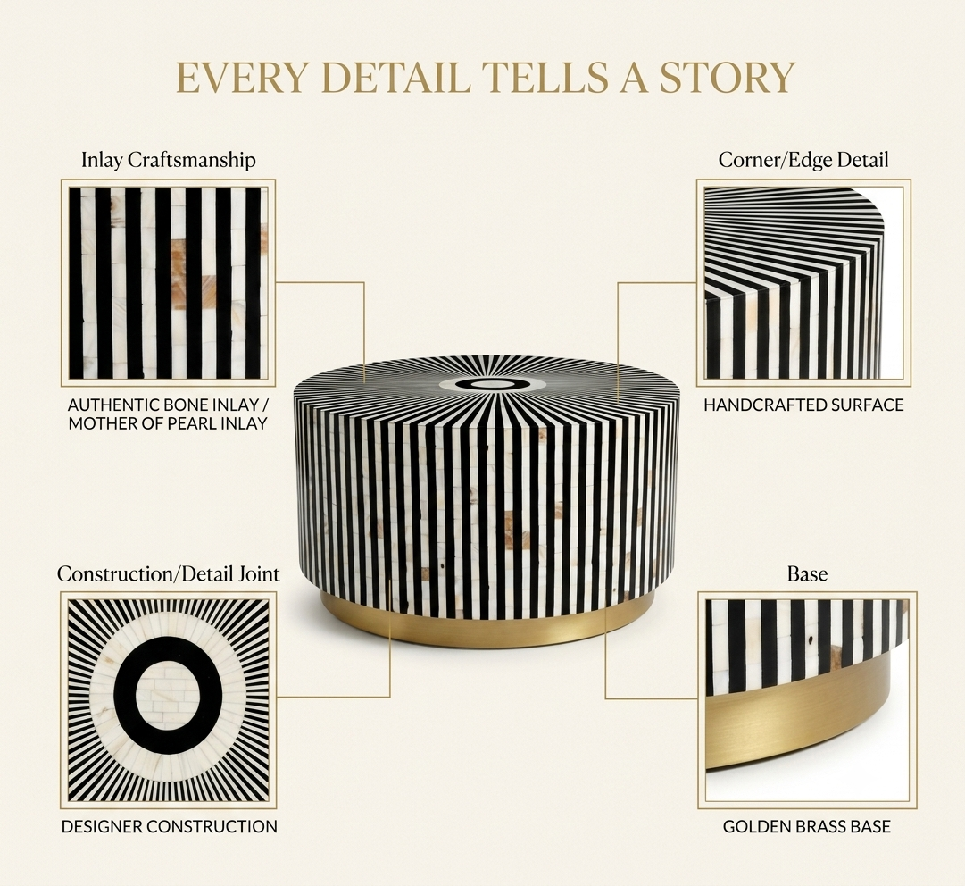 Mother of Pearl Inlay Round Coffee Table, Black and White Floral Design with Brass Base