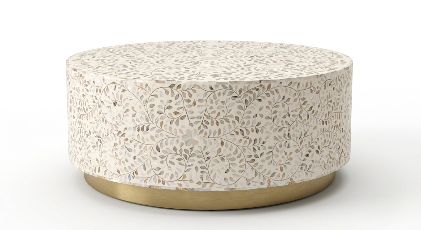 Mother of Pearl Inlay Round Coffee Table, Floral Design White Coffee Table with Brass Base
