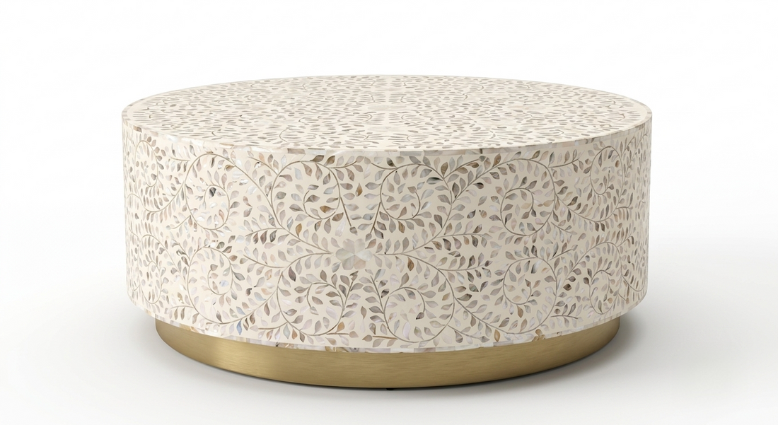 Mother of Pearl Inlay Round Coffee Table, Floral Design White Coffee Table with Brass Base
