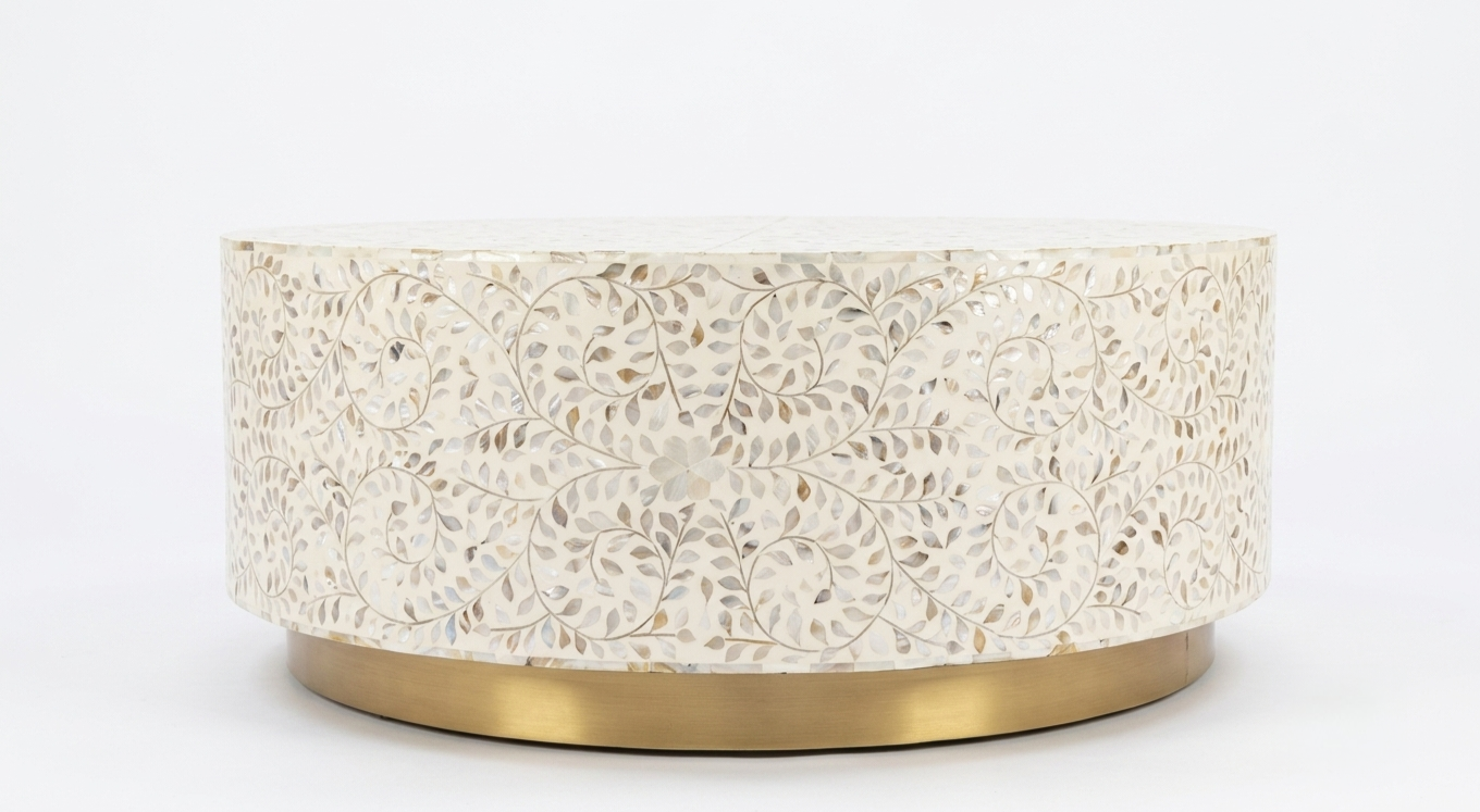 Mother of Pearl Inlay Round Coffee Table, Floral Design White Coffee Table with Brass Base