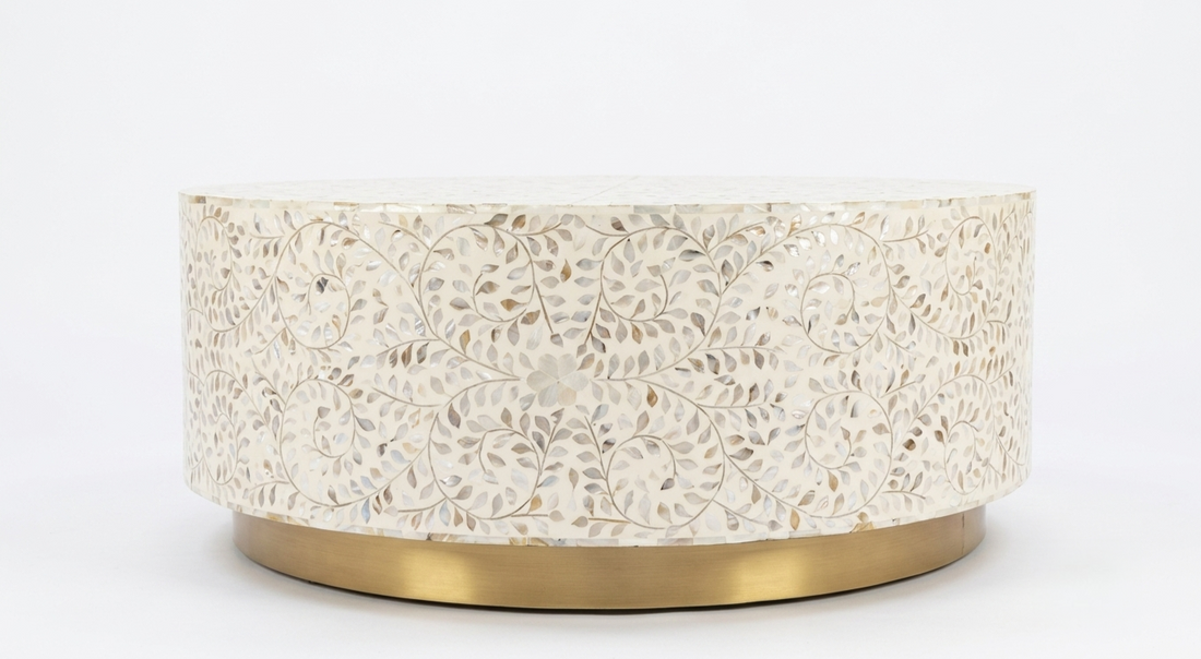 Mother of Pearl Inlay Round Coffee Table, Floral Design White Coffee Table with Brass Base