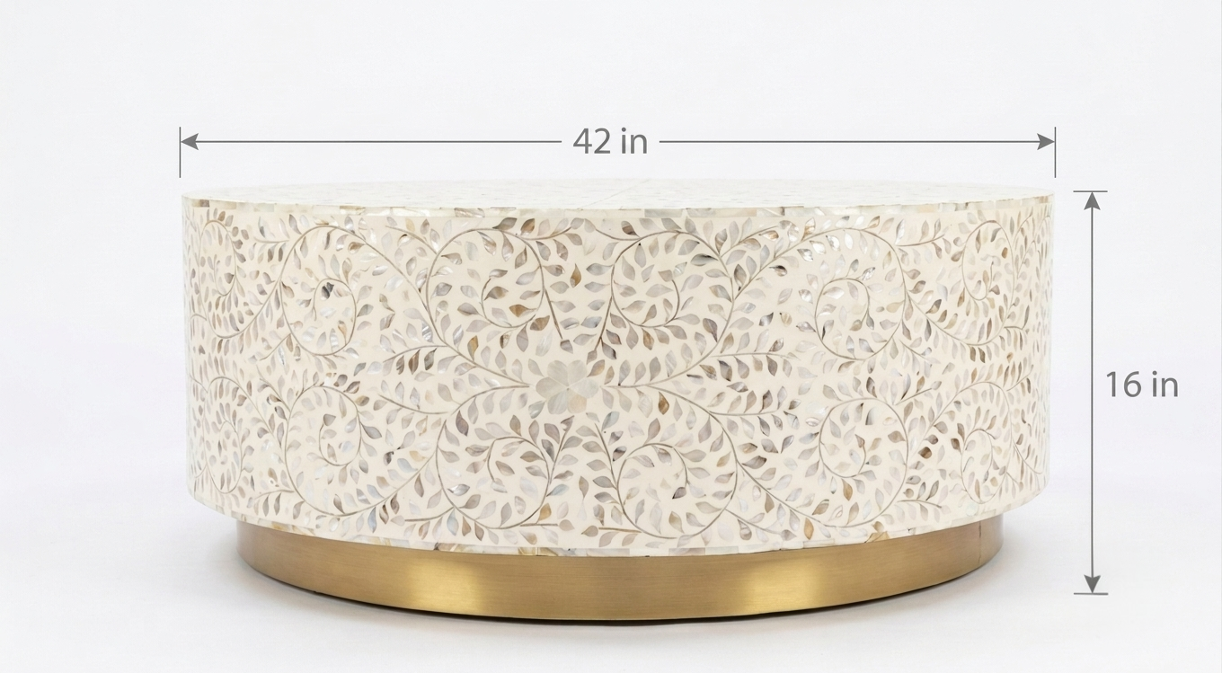 Mother of Pearl Inlay Round Coffee Table, Floral Design White Coffee Table with Brass Base
