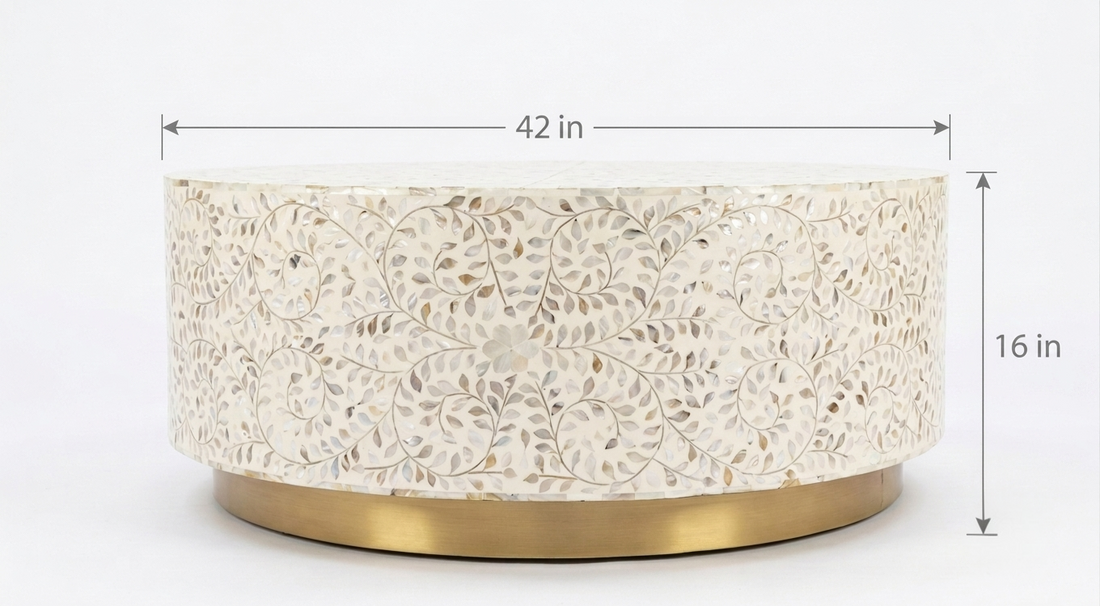 Mother of Pearl Inlay Round Coffee Table, Floral Design White Coffee Table with Brass Base