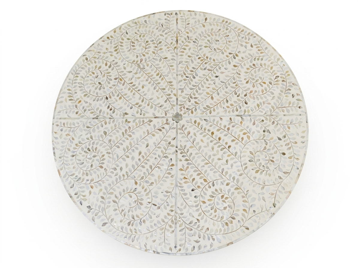 Mother of Pearl Inlay Round Coffee Table, Floral Design White Coffee Table with Brass Base