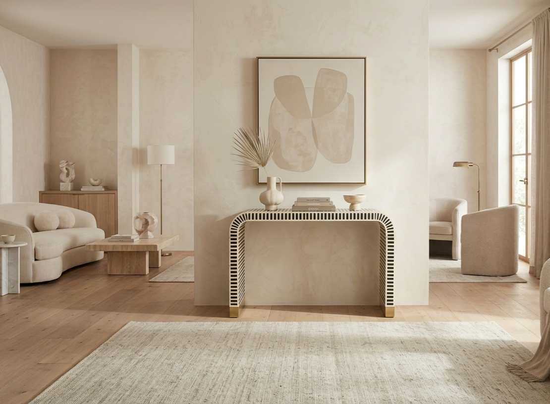 Bone Inlay U Shape Console Table, Black and White Luxury Entryway Table