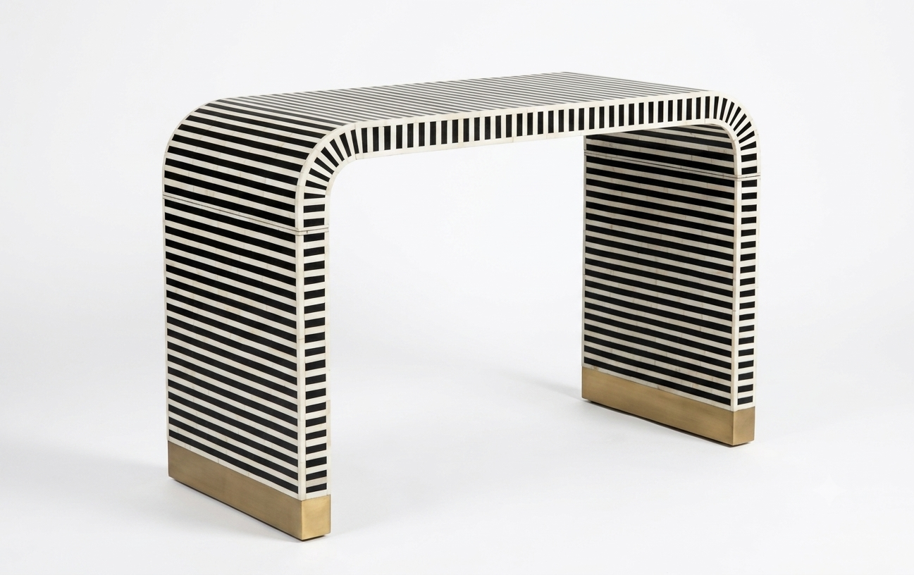 Bone Inlay U Shape Console Table, Black and White Luxury Entryway Table