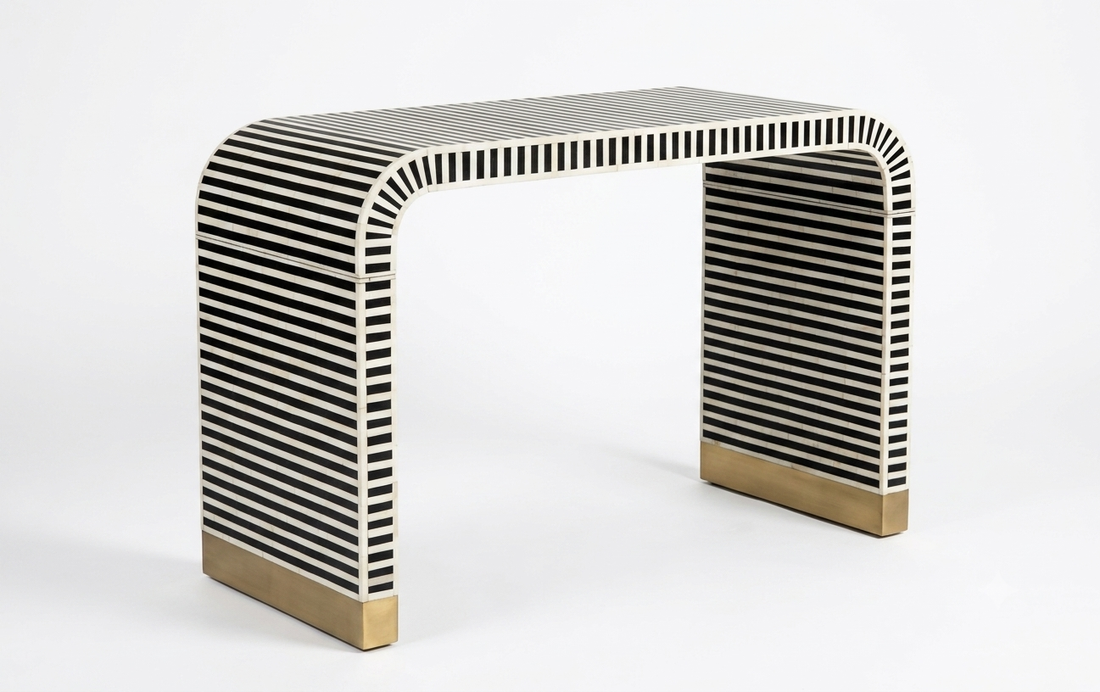 Bone Inlay U Shape Console Table, Black and White Luxury Entryway Table