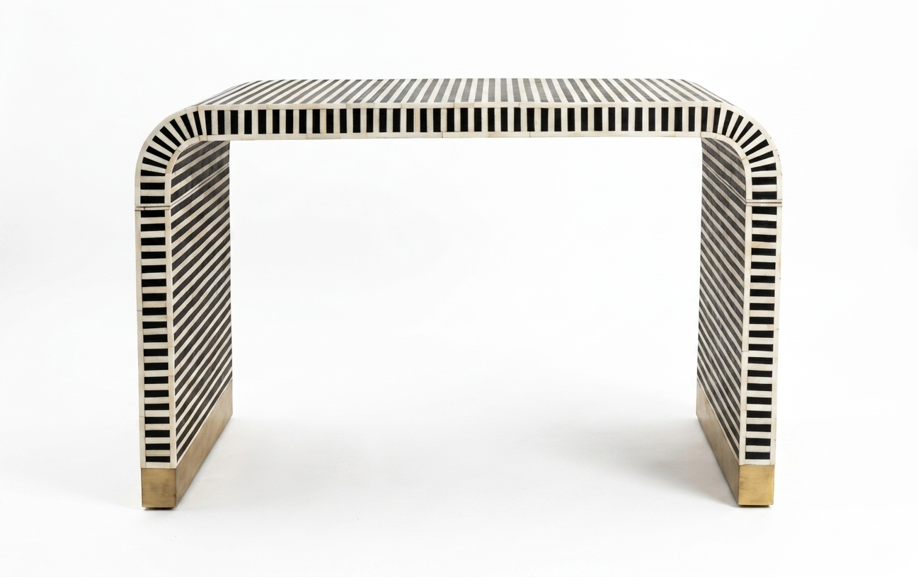 Bone Inlay U Shape Console Table, Black and White Luxury Entryway Table