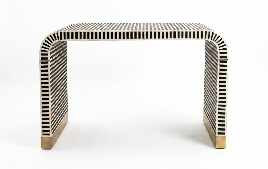 Bone Inlay U Shape Console Table, Black and White Luxury Entryway Table