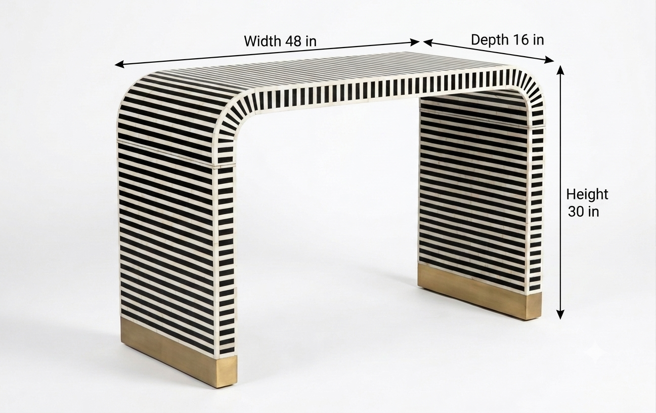 Bone Inlay U Shape Console Table, Black and White Luxury Entryway Table