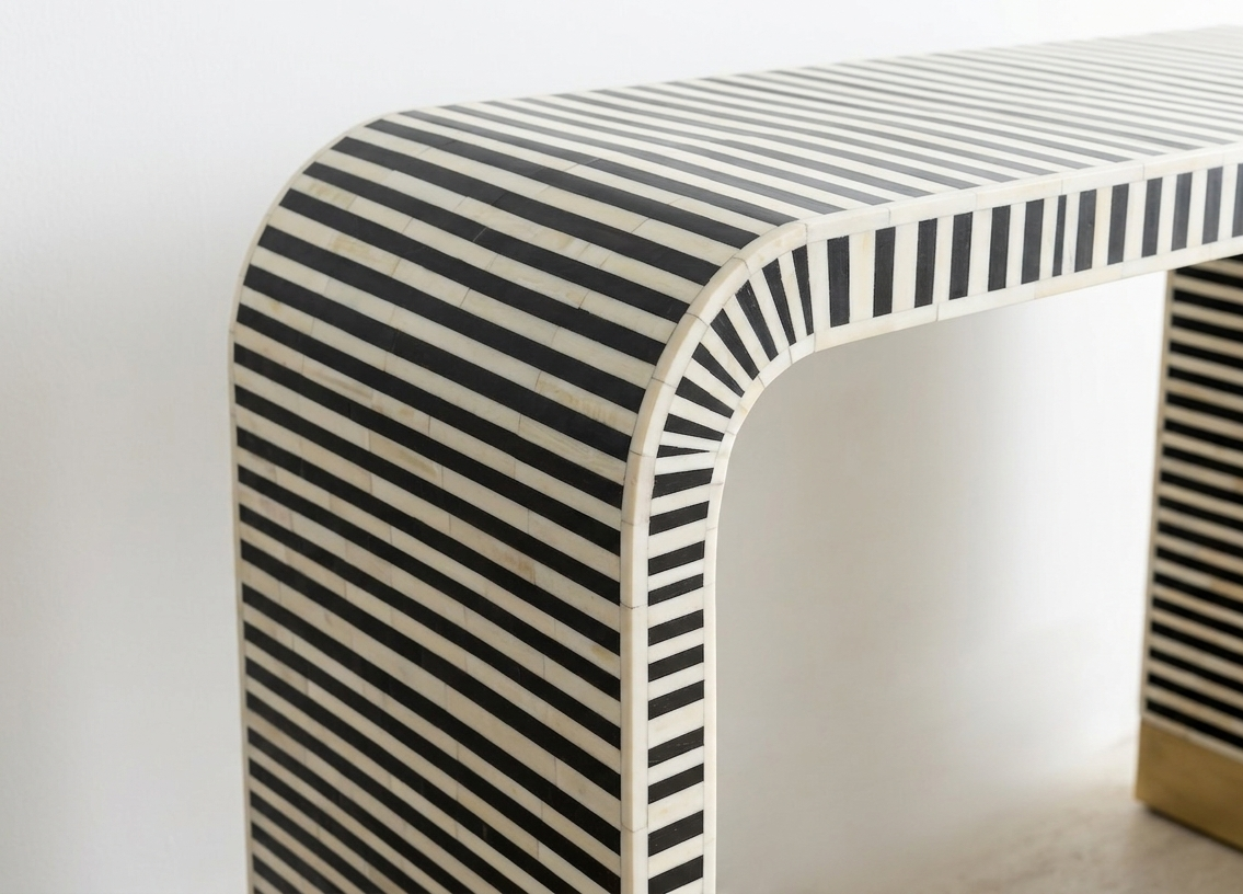 Bone Inlay U Shape Console Table, Black and White Luxury Entryway Table