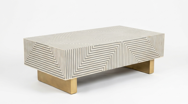 Bone Inlay Rectangular Coffee Table, Grey and White Luxury Table with Brass Legs