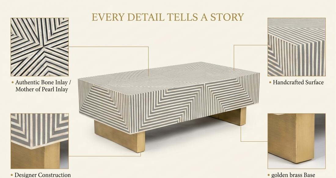 Bone Inlay Rectangular Coffee Table, Grey and White Luxury Table with Brass Legs