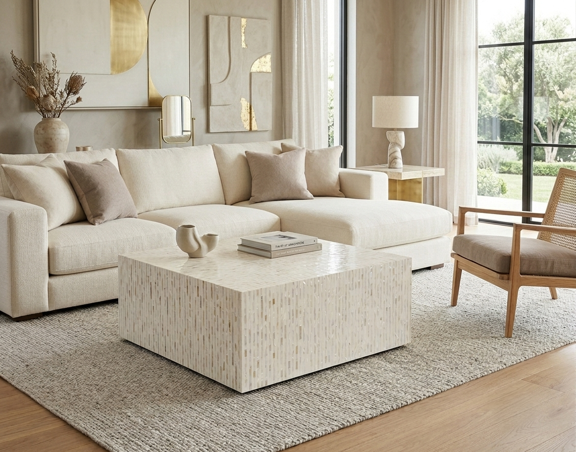 Mother of Pearl Inlay Square Coffee Table, White Luxury Coffee Table 40 x 40 x 17 Inch