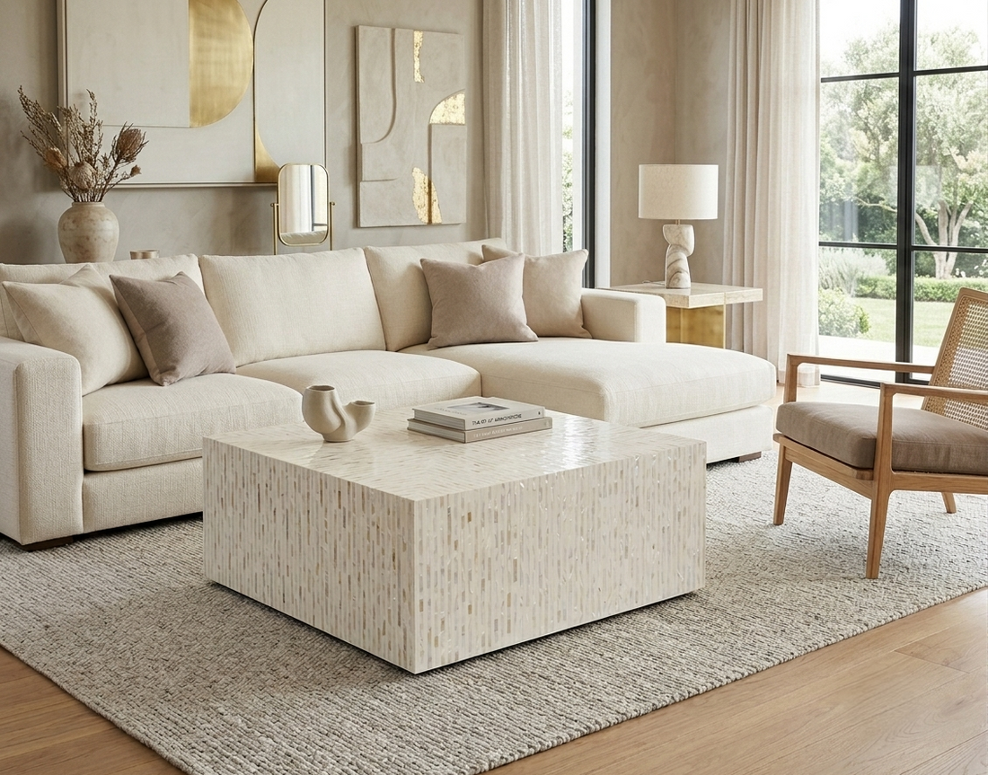 Mother of Pearl Inlay Square Coffee Table, White Luxury Coffee Table 40 x 40 x 17 Inch