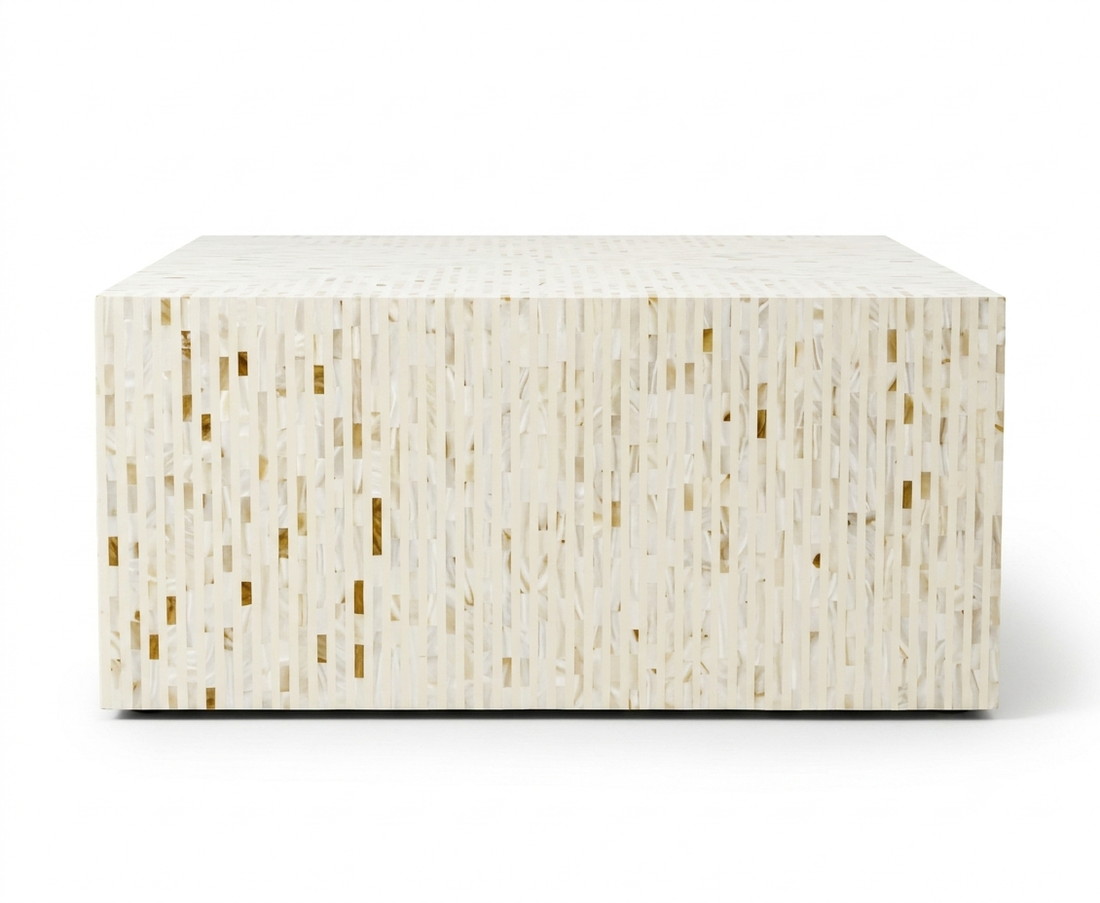 Mother of Pearl Inlay Square Coffee Table, White Luxury Coffee Table 40 x 40 x 17 Inch