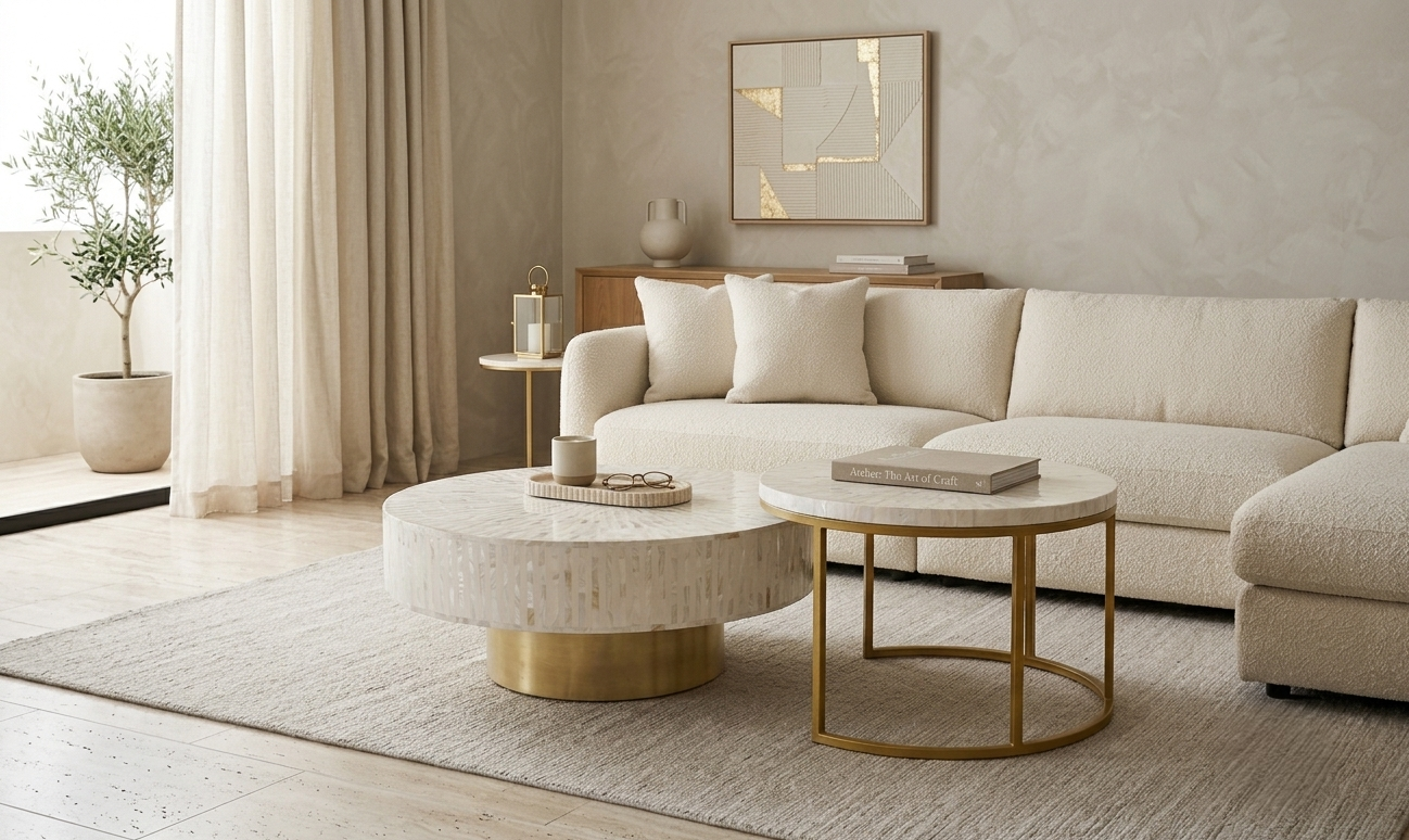 Mother of Pearl Inlay Coffee Table and Nesting Table Set, White Round Tables
