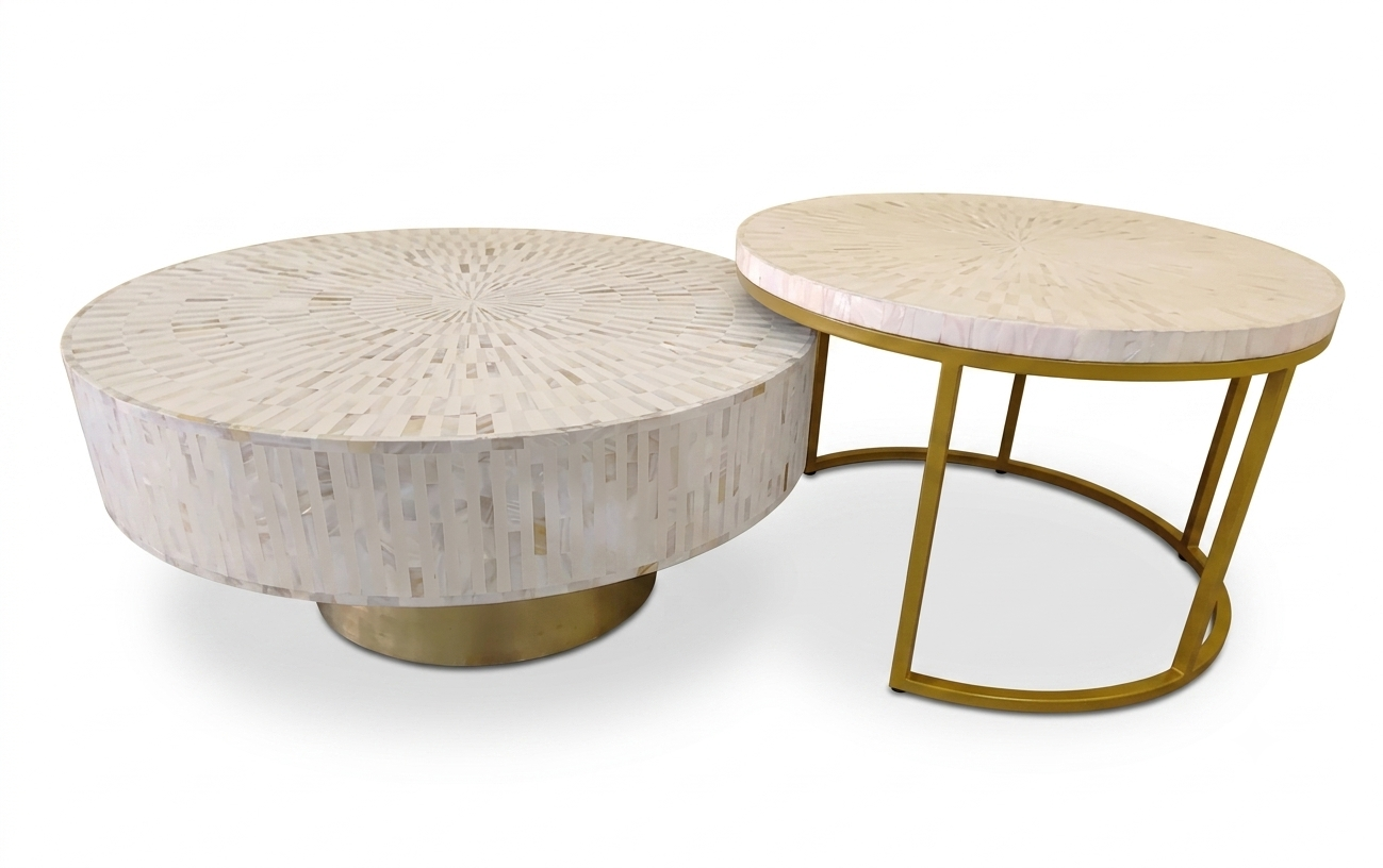 Mother of Pearl Inlay Coffee Table and Nesting Table Set, White Round Tables