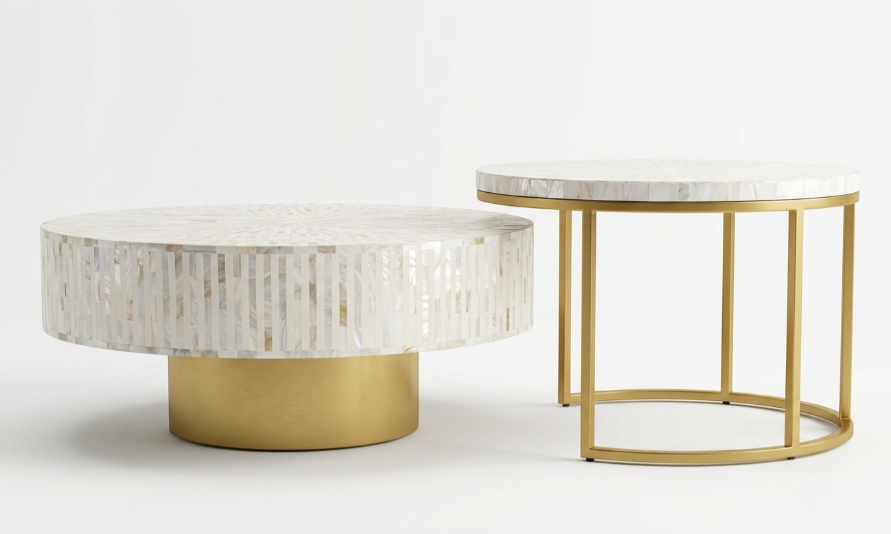 Mother of Pearl Inlay Coffee Table and Nesting Table Set, White Round Tables
