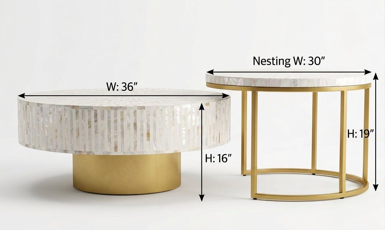 Mother of Pearl Inlay Coffee Table and Nesting Table Set, White Round Tables